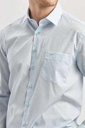 Mavi Uzun Kollu   Sert Yaka Cepli  Pamuklu Basic Comfort Fit Rahat Kesim Gömlek 1004240051