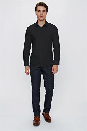 Siyah Uzun Kollu  Bez Ayağı Sert Yaka Cepsiz  Pamuklu Basic Slim Fit Dar Kesim Gömlek 1004240057