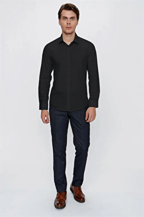 Siyah Uzun Kollu  Bez Ayağı Sert Yaka Cepsiz  Pamuklu Basic Slim Fit Dar Kesim Gömlek 1004240057