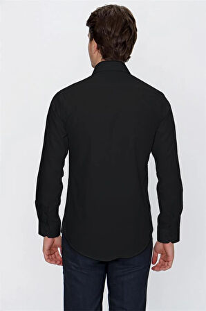 Siyah Uzun Kollu  Bez Ayağı Sert Yaka Cepsiz  Pamuklu Basic Slim Fit Dar Kesim Gömlek 1004240057