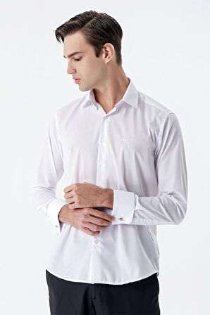 Beyaz Uzun Kollu   Sert Yaka Cepsiz  Pamuklu Basic Slim Fit Dar Kesim Gömlek 1004240059