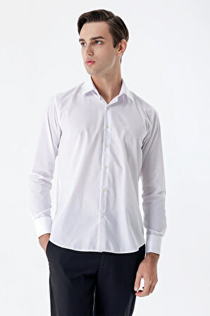 Beyaz Uzun Kollu   Sert Yaka Cepsiz  Pamuklu Basic Slim Fit Dar Kesim Gömlek 1004240059