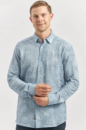 Koyu Mavi Uzun Kollu Baskılı Gofreli Düğmeli Yaka Cepsiz  Pamuklu Likralı  Slim Fit Gömlek 1004240100