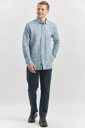Koyu Mavi Uzun Kollu Baskılı Gofreli Düğmeli Yaka Cepsiz  Pamuklu Likralı  Slim Fit Gömlek 1004240100