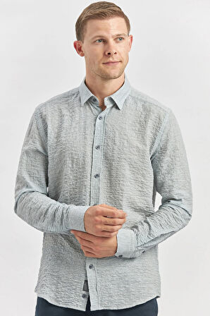 Koyu Lacivert Uzun Kollu Baskılı Gofreli  Cepsiz  Pamuklu Likralı Klasik Slim Fit Gömlek 1004240102