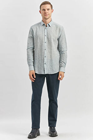 Koyu Lacivert Uzun Kollu Baskılı Gofreli  Cepsiz  Pamuklu Likralı Klasik Slim Fit Gömlek 1004240102