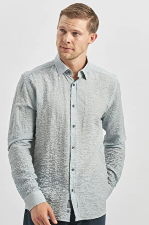 Koyu Lacivert Uzun Kollu Baskılı Gofreli  Cepsiz  Pamuklu Likralı Klasik Slim Fit Gömlek 1004240102