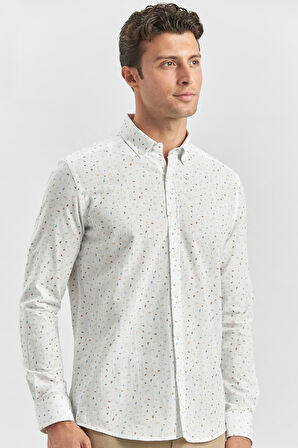 Beyaz Kısalabilir Kol Baskılı   Cepsiz  %100 Pamuk Klasik Slim Fit Dar Kesim Gömlek 1004240105