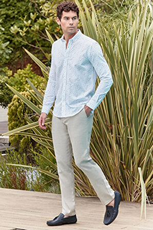 Beyaz Kısalabilir Kol Baskılı   Cepsiz  %100 Pamuk Klasik Slim Fit Dar Kesim Gömlek 1004240105