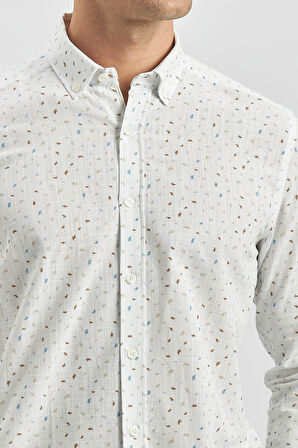 Beyaz Kısalabilir Kol Baskılı   Cepsiz  %100 Pamuk Klasik Slim Fit Dar Kesim Gömlek 1004240105