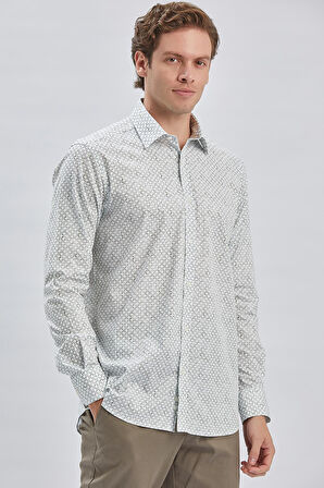 Su Yeşili Uzun Kollu Baskılı  Sert Yaka Cepli Pamuklu Comfort Fit Gömlek 1004240107