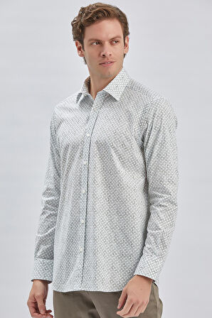 Su Yeşili Uzun Kollu Baskılı  Sert Yaka Cepli Pamuklu Comfort Fit Gömlek 1004240107