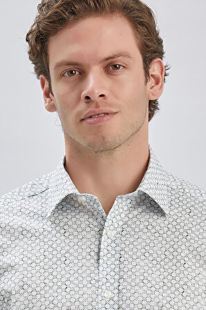 Su Yeşili Uzun Kollu Baskılı  Sert Yaka Cepli Pamuklu Comfort Fit Gömlek 1004240107