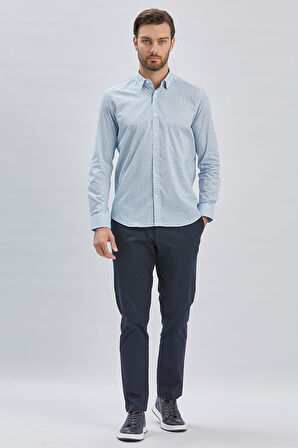 Mavi Kısalabilir Kol Baskılı  Düğmeli Yaka Cepsiz  %97 Pamuk %3 Elastane Klasik Slim Fit Gömlek 1004240116