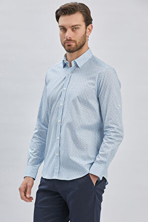 Mavi Kısalabilir Kol Baskılı  Düğmeli Yaka Cepsiz  %97 Pamuk %3 Elastane Klasik Slim Fit Gömlek 1004240116