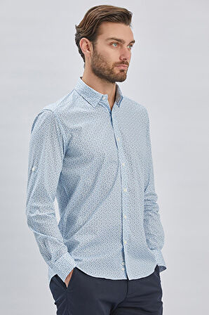 Mavi Kısalabilir Kol Baskılı  Düğmeli Yaka Cepsiz  %97 Pamuk %3 Elastane Klasik Slim Fit Gömlek 1004240116