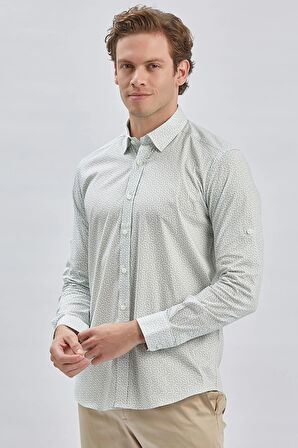 Koyu Haki Kısalabilir Kol Baskılı  Düğmeli Yaka Cepsiz  %97 Pamuk %3 Elastane Klasik Slim Fit Gömlek 1004240116