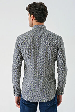 Koyu Lacivert Uzun Kollu Baskılı  Düğmeli Yaka Cepsiz Biyeli Pamuklu Likralı  Slim Fit Gömlek 1004240141