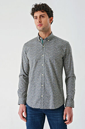 Koyu Lacivert Uzun Kollu Baskılı  Düğmeli Yaka Cepsiz Biyeli Pamuklu Likralı  Slim Fit Gömlek 1004240141