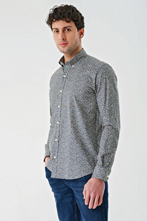 Koyu Lacivert Uzun Kollu Baskılı  Düğmeli Yaka Cepsiz Biyeli Pamuklu Likralı  Slim Fit Gömlek 1004240141