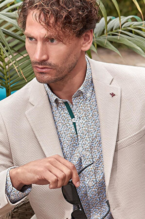 Beyaz Uzun Kollu Baskılı  Düğmeli Yaka Cepsiz Biyeli Pamuklu Likralı  Slim Fit Gömlek 1004240141