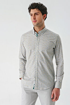 Beyaz Uzun Kollu Baskılı  Düğmeli Yaka Cepsiz Biyeli Pamuklu Likralı  Slim Fit Gömlek 1004240141