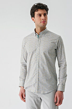 Beyaz Uzun Kollu Baskılı  Düğmeli Yaka Cepsiz Biyeli Pamuklu Likralı  Slim Fit Gömlek 1004240141