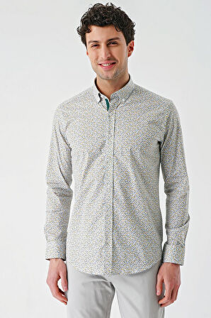 Beyaz Uzun Kollu Baskılı  Düğmeli Yaka Cepsiz Biyeli Pamuklu Likralı  Slim Fit Gömlek 1004240141