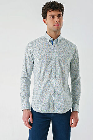 Beyaz Uzun Kollu Baskılı  Sert Yaka Cepsiz  Pamuklu Likralı Klasik Slim Fit Gömlek 1004240143