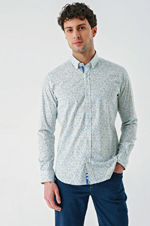 Beyaz Uzun Kollu Baskılı  Sert Yaka Cepsiz  Pamuklu Likralı Klasik Slim Fit Gömlek 1004240143