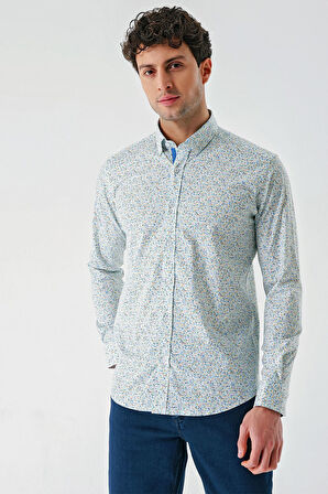 Beyaz Uzun Kollu Baskılı  Sert Yaka Cepsiz  Pamuklu Likralı Klasik Slim Fit Gömlek 1004240143