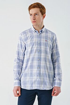 Koyu Mavi Kısalabilir Kol Ekoseli   Cepli Garnili Biyeli Pamuklu Keten  Comfort Fit Gömlek 1004240147