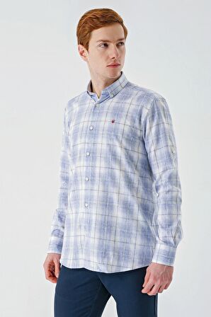 Koyu Mavi Kısalabilir Kol Ekoseli   Cepli Garnili Biyeli Pamuklu Keten  Comfort Fit Gömlek 1004240147