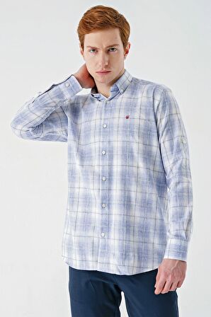 Koyu Mavi Kısalabilir Kol Ekoseli   Cepli Garnili Biyeli Pamuklu Keten  Comfort Fit Gömlek 1004240147