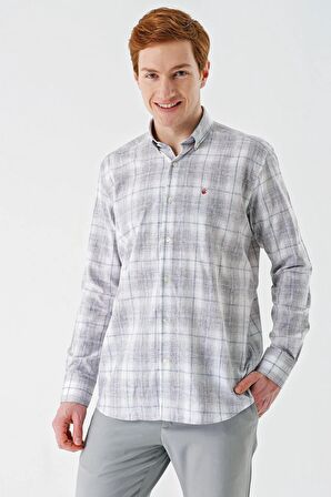 Koyu Kahverengi Kısalabilir Kol Ekoseli   Cepli Garnili Biyeli Pamuklu Keten  Comfort Fit Gömlek 1004240147