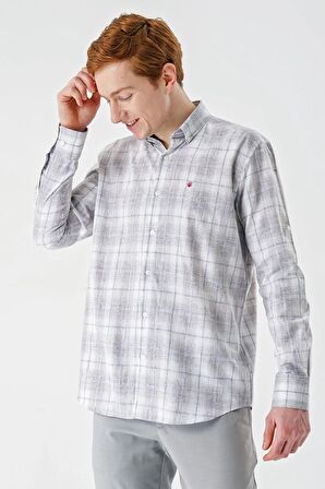 Koyu Kahverengi Kısalabilir Kol Ekoseli   Cepli Garnili Biyeli Pamuklu Keten  Comfort Fit Gömlek 1004240147