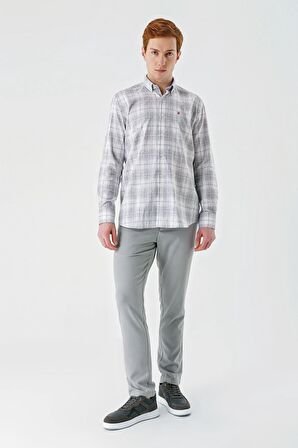 Koyu Kahverengi Kısalabilir Kol Ekoseli   Cepli Garnili Biyeli Pamuklu Keten  Comfort Fit Gömlek 1004240147