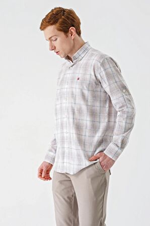 Bej Kısalabilir Kol Ekoseli   Cepli Garnili Biyeli Pamuklu Keten  Comfort Fit Gömlek 1004240147