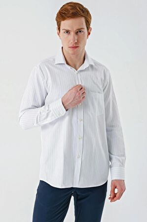 Siyah Uzun Kollu Çizgili Armürlü İtalyan Yaka Cepli Garnili Pamuklu  Comfort Fit Gömlek 1004240152