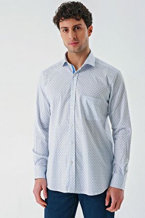 Koyu Mavi Uzun Kollu Baskılı  İtalyan Yaka Cepli  Pamuklu Likralı  Comfort Fit Gömlek 1004240160