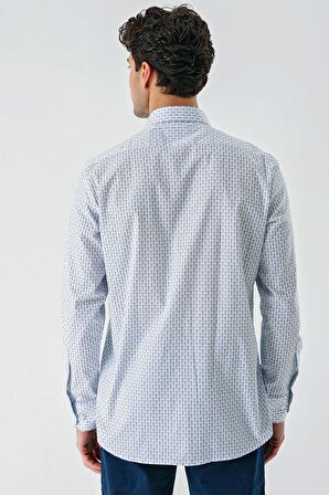 Koyu Mavi Uzun Kollu Baskılı  İtalyan Yaka Cepli  Pamuklu Likralı  Comfort Fit Gömlek 1004240160