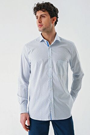 Koyu Mavi Uzun Kollu Baskılı  İtalyan Yaka Cepli  Pamuklu Likralı  Comfort Fit Gömlek 1004240160