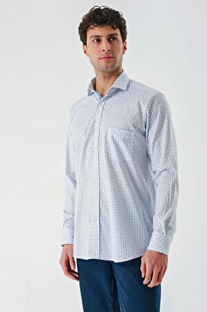 Koyu Mavi Uzun Kollu Baskılı  İtalyan Yaka Cepli  Pamuklu Likralı  Comfort Fit Gömlek 1004240160