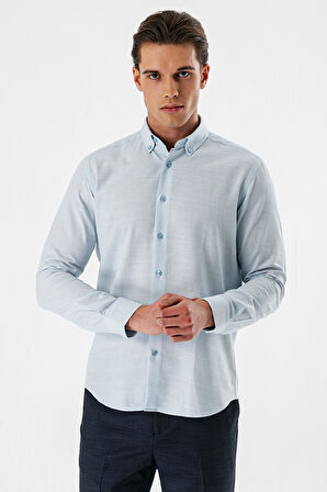 Koyu Mavi Uzun Kollu Desenli Armürlü Düğmeli Yaka Cepsiz %100 Pamuk Slim Fit Gömlek 1004240175
