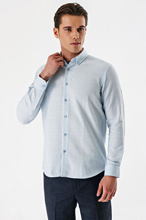 Koyu Mavi Uzun Kollu Desenli Armürlü Düğmeli Yaka Cepsiz %100 Pamuk Slim Fit Gömlek 1004240175