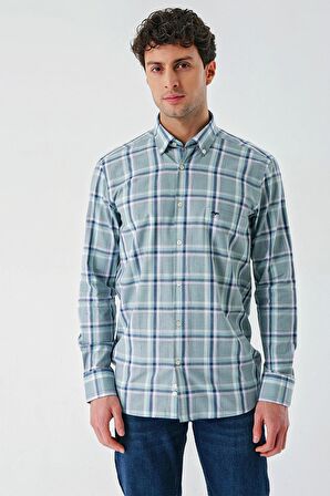 Su Yeşili Uzun Kollu Ekoseli Cepli %100 Pamuk Klasik Comfort Fit Rahat Kesim Gömlek 1004240184