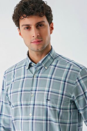 Su Yeşili Uzun Kollu Ekoseli Cepli %100 Pamuk Klasik Comfort Fit Rahat Kesim Gömlek 1004240184