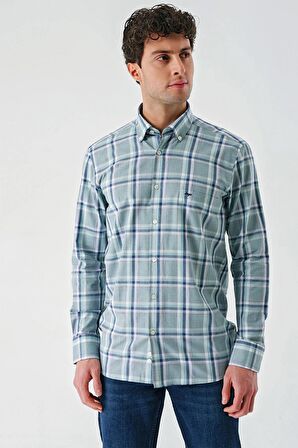 Su Yeşili Uzun Kollu Ekoseli Cepli %100 Pamuk Klasik Comfort Fit Rahat Kesim Gömlek 1004240184