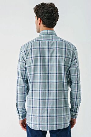 Su Yeşili Uzun Kollu Ekoseli Cepli %100 Pamuk Klasik Comfort Fit Rahat Kesim Gömlek 1004240184