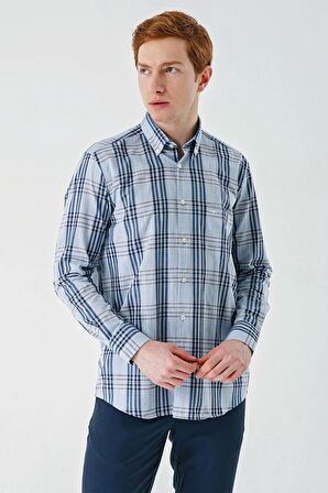 Koyu Mavi Uzun Kollu Ekoseli Cepli %100 Pamuk Klasik Comfort Fit Rahat Kesim Gömlek 1004240185